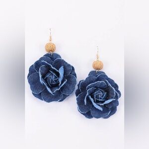 Denim Bead Flower Earrings Dark Blue